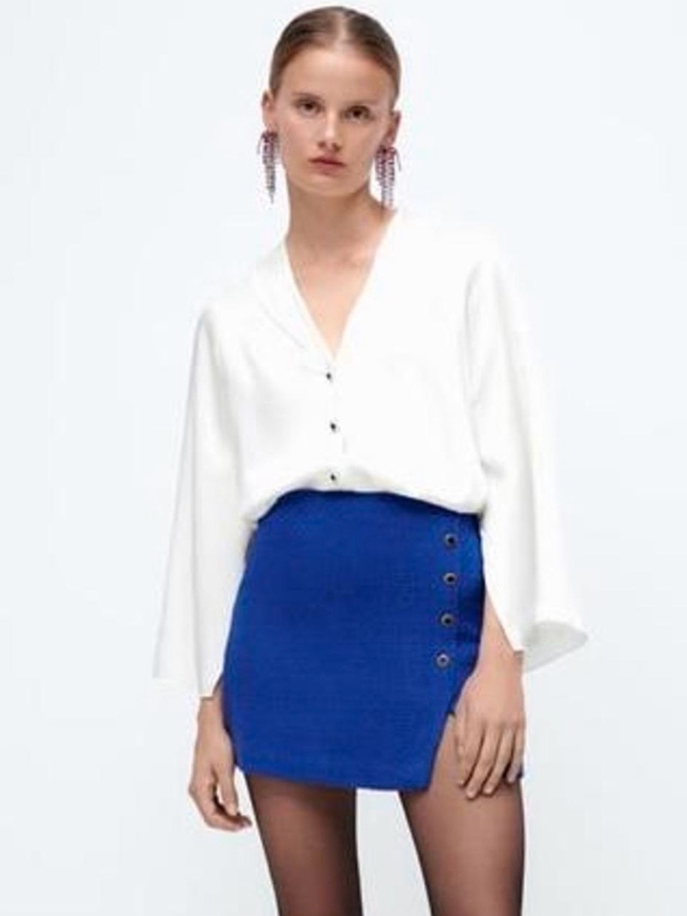 Zara Royal Blue Textured A-Line Mini Skirt with Button Trim Size Small